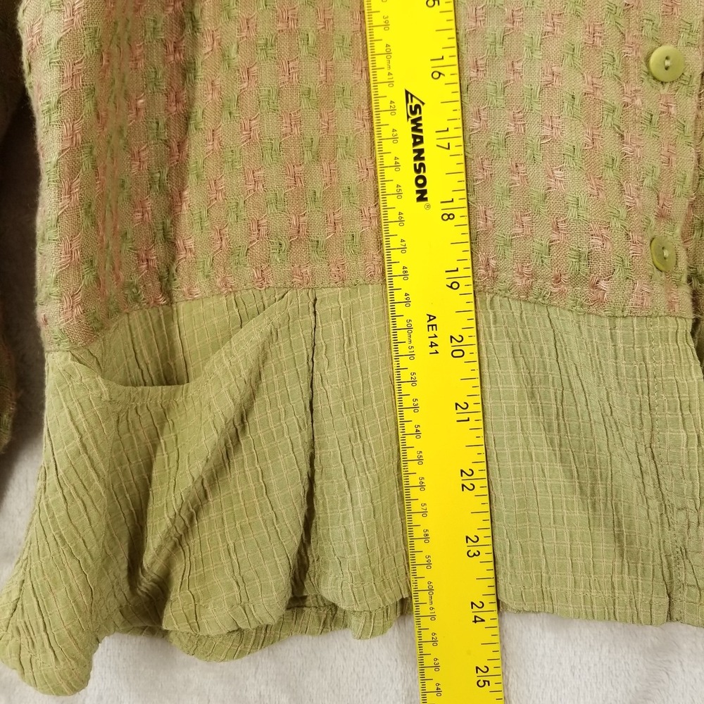 Flax Cardigan Women M Pink Green Check Linen Long Sleeve Pocket Jacket Topper - Picture 6 of 8